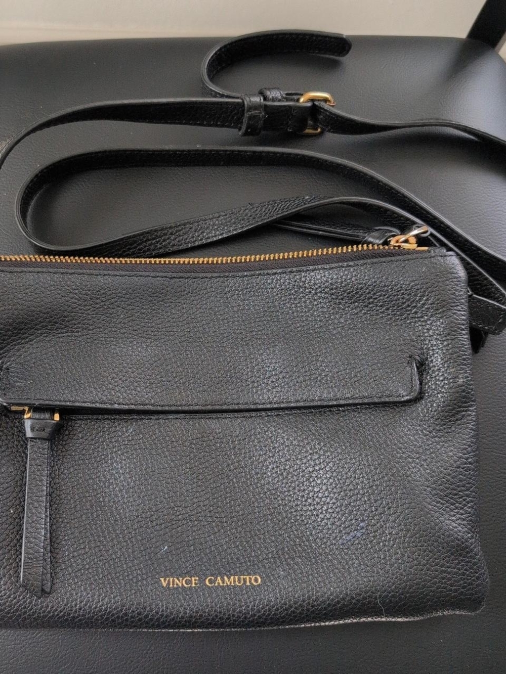 Vince Camuto Black Pebbled Leather Crossbody with Gold Accents